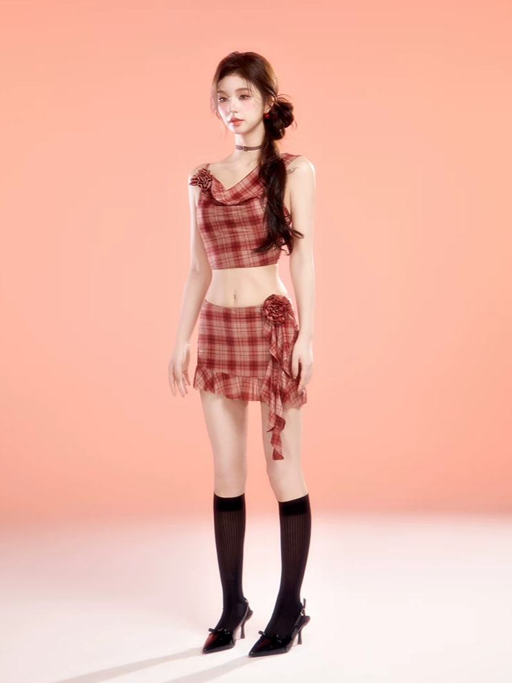 Plaid Cowl Neck Skort Set