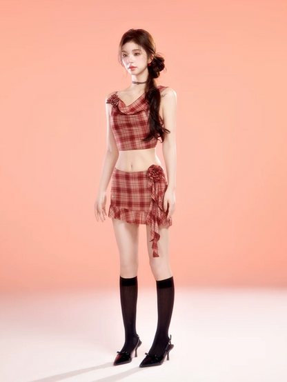 Plaid Cowl Neck Skort Set