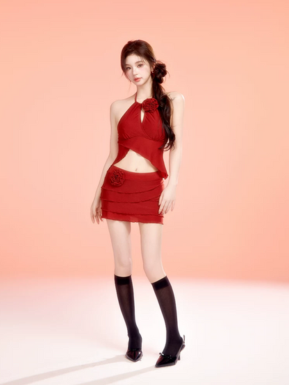 Textured Asymmetric Ruffle Swimdress
