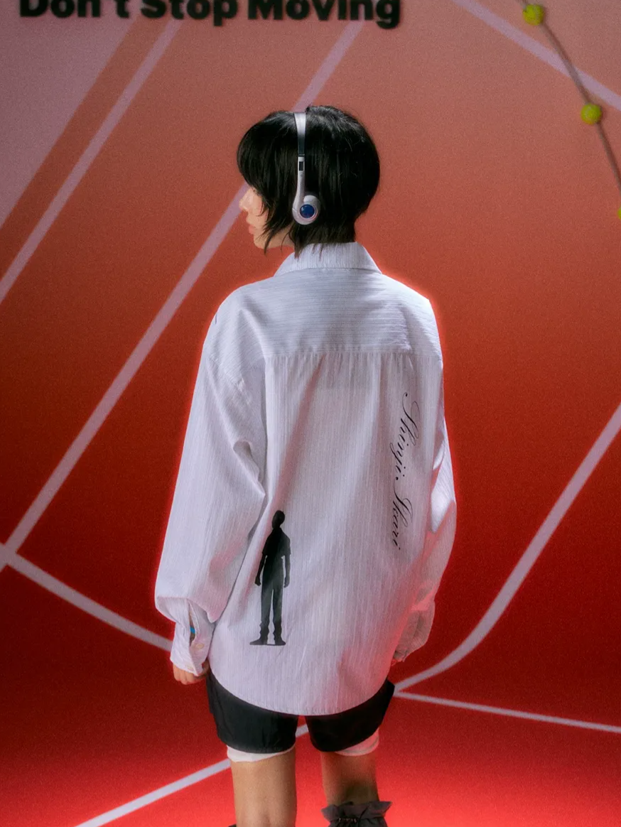 Fine-Stripe Embroidered Graphic Shirt