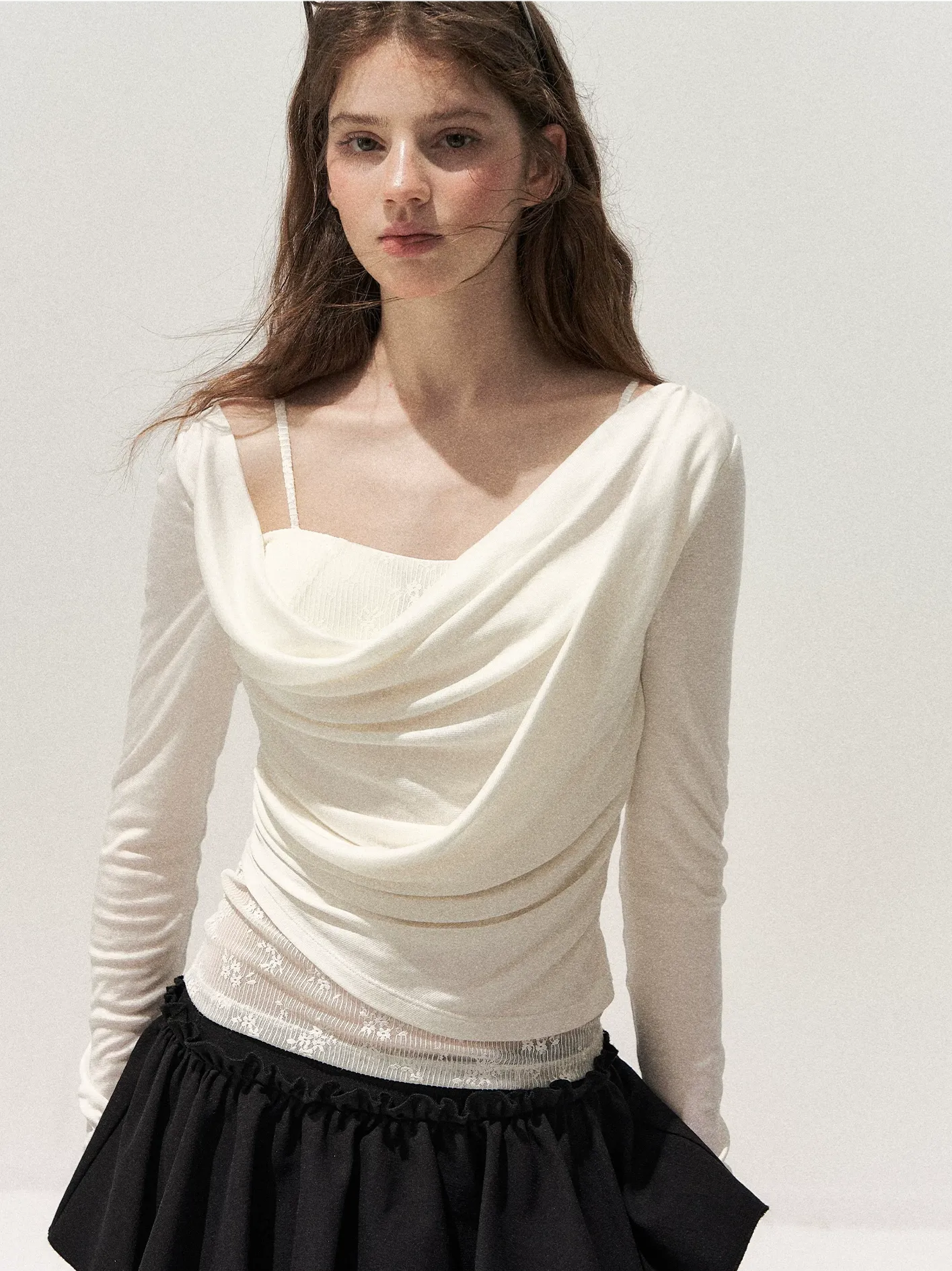 Cowl Neck Draped Long-Sleeve Tee