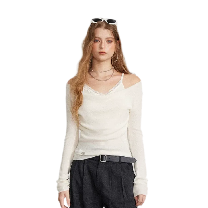 Draped Lace Trim Knit Top