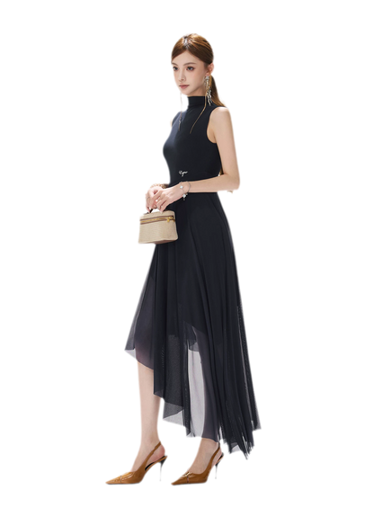 Mesh Splice Midi Dress