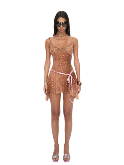 Deer Print Sheer Ribbon Dress