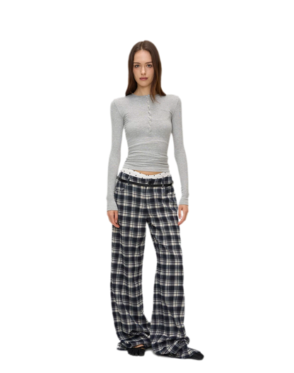 Brushed Plaid Wide-Leg Pants