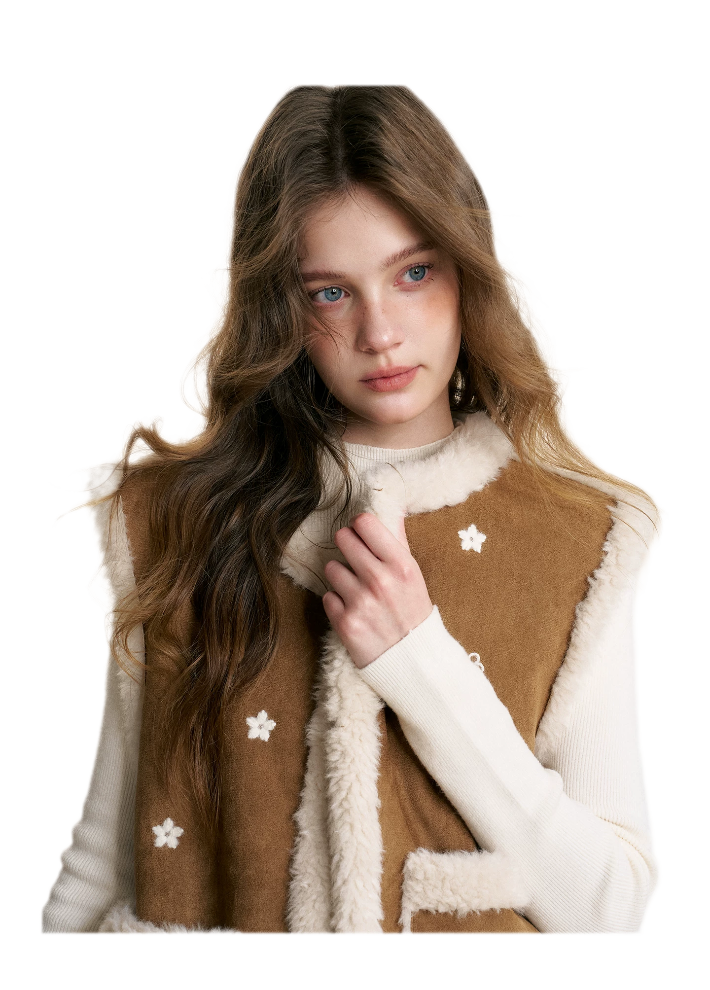 Shearling Floral Embroidered Vest