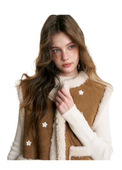 Shearling Floral Embroidered Vest