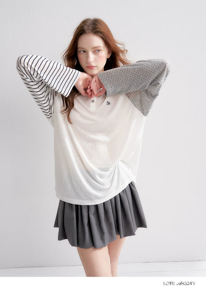 Striped Polka Dot Raglan Sleeve Long Sleeve Pullover