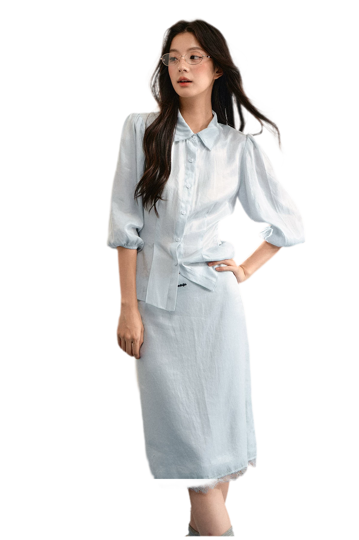 Linen Bubble Sleeve Top Skirt