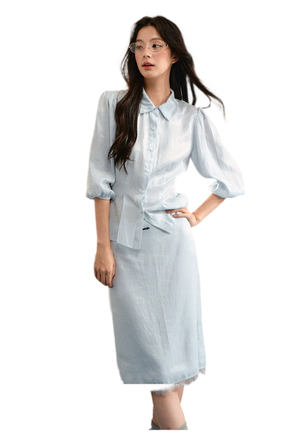 Linen Bubble Sleeve Top Skirt