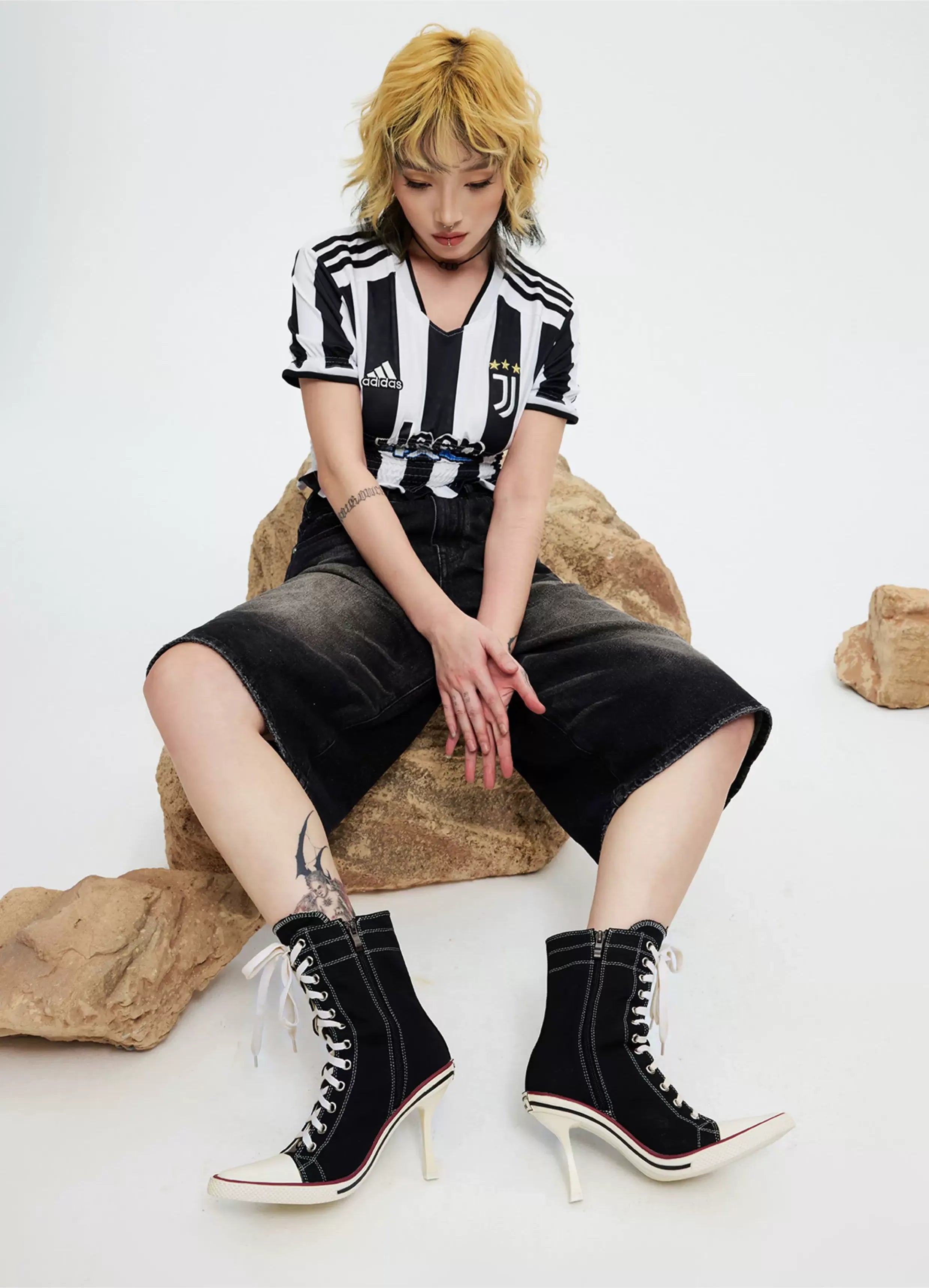 Canvas Lace-Up High-Heel Boots