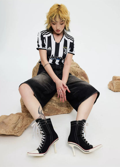 Canvas Lace-Up High-Heel Boots
