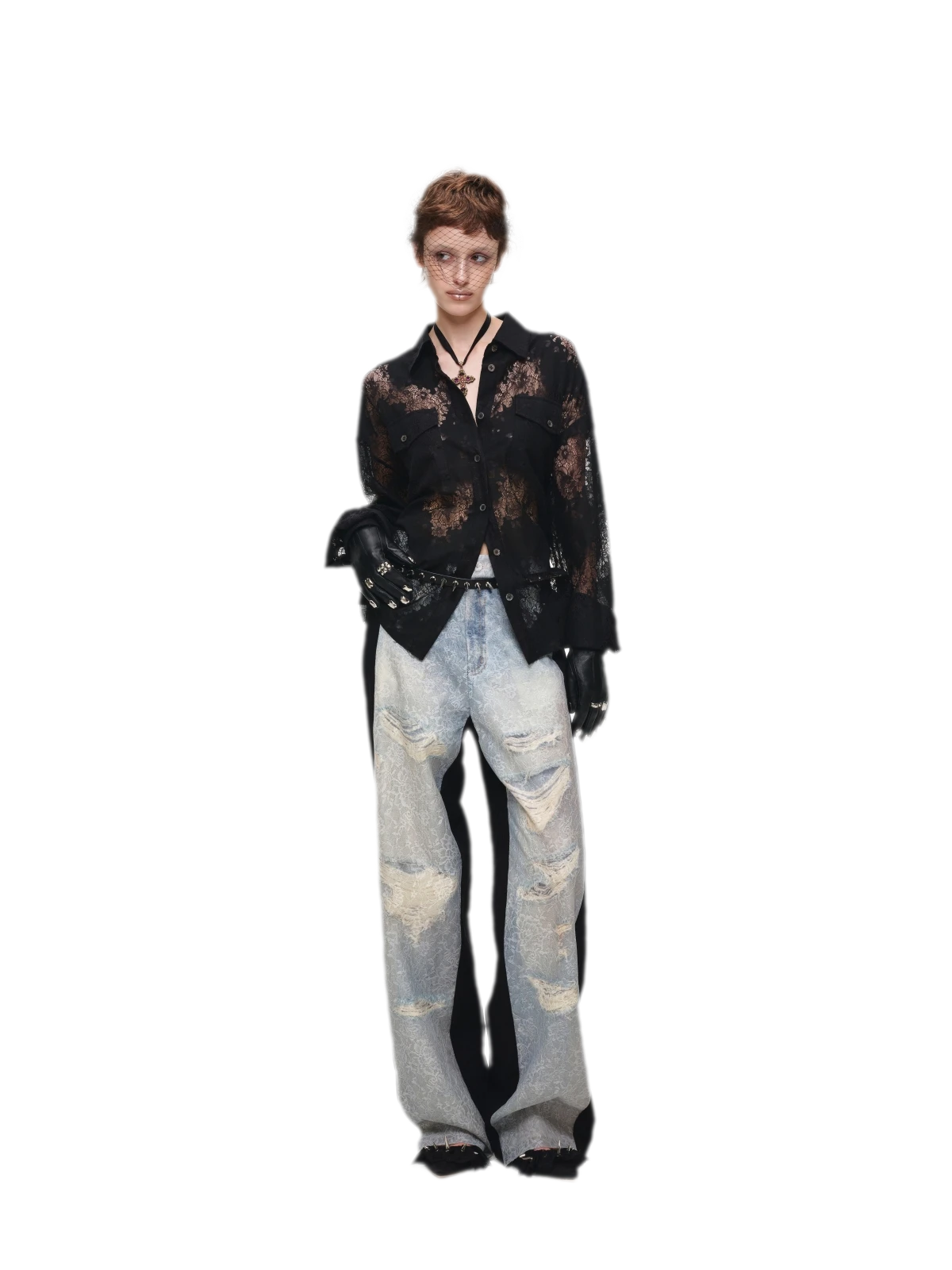 Lace Oversized Tie Shirt