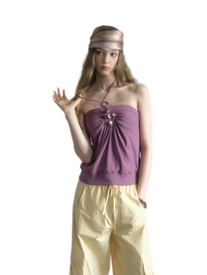 Beaded Ruched Halter Ribbed Top