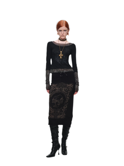 Burnout Graphic Midi Knit Skirt
