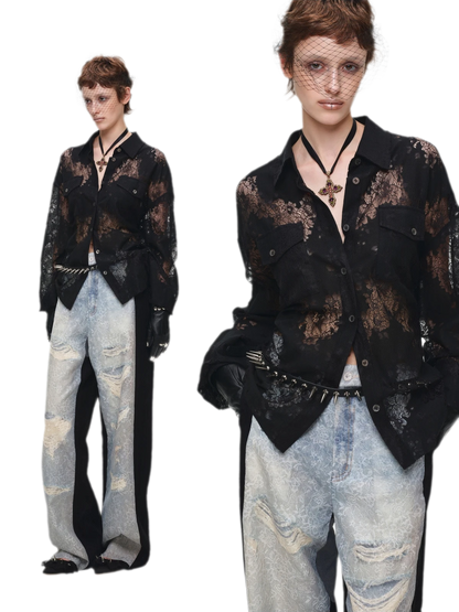 Lace Oversized Tie Shirt