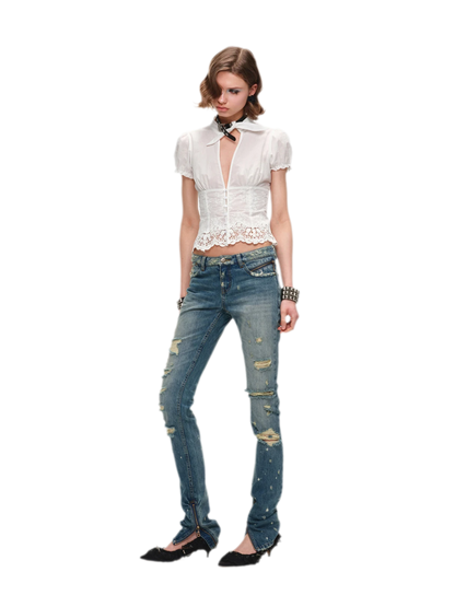 Deep V-Neck Jacquard Blouse
