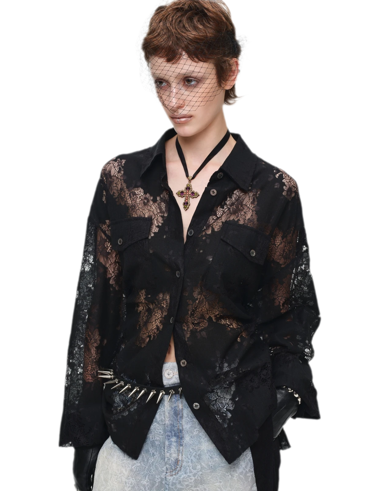 Lace Oversized Tie Shirt