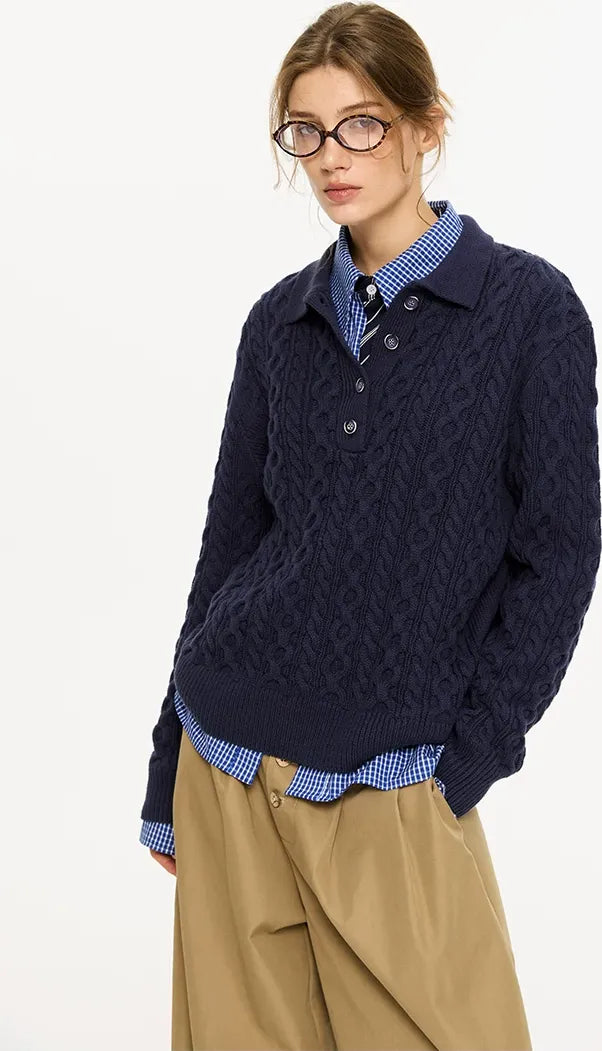 Chunky Cable Knit Polo Sweater