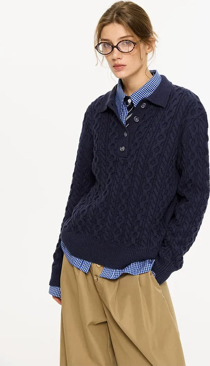 Chunky Cable Knit Polo Sweater