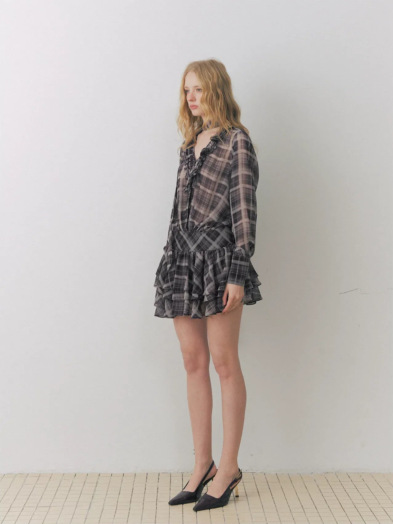 Plaid Chiffon V-Neck Dress