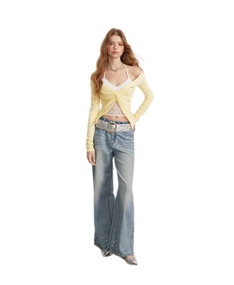 Rhinestone Pearl Wide-Leg Jeans