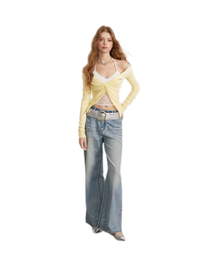 Rhinestone Pearl Wide-Leg Jeans