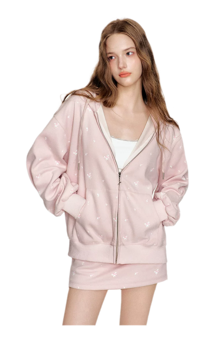 Cotton Rose Print Hooded Set