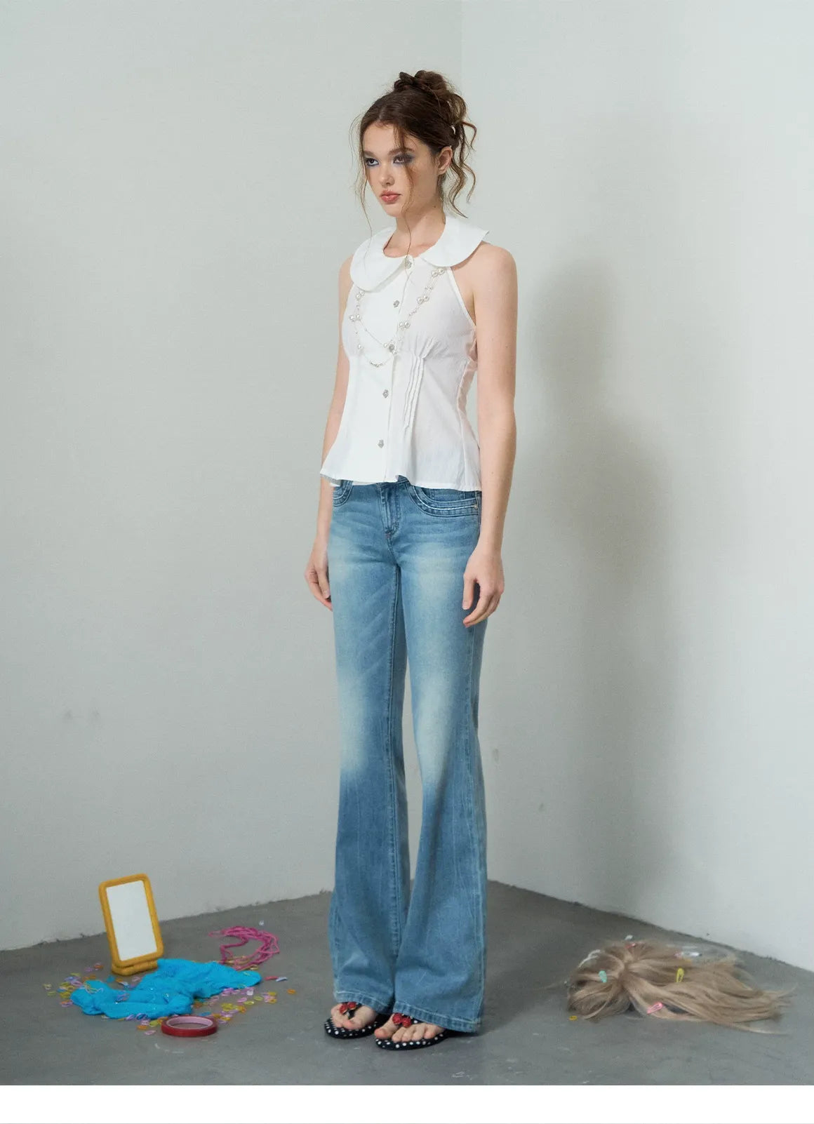Washed Low-Rise Flare Jeans