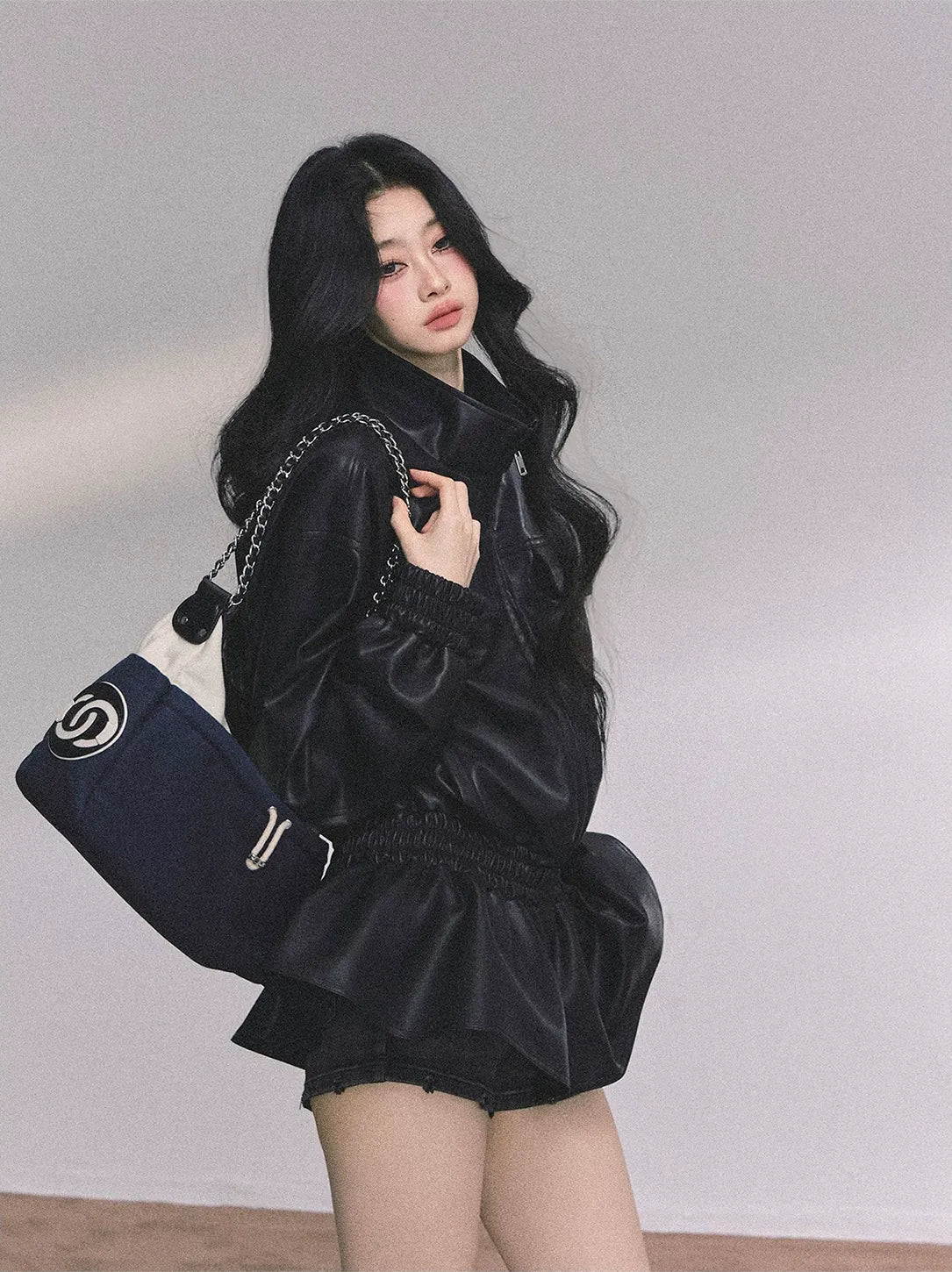 Faux Leather Stand Collar Jacket