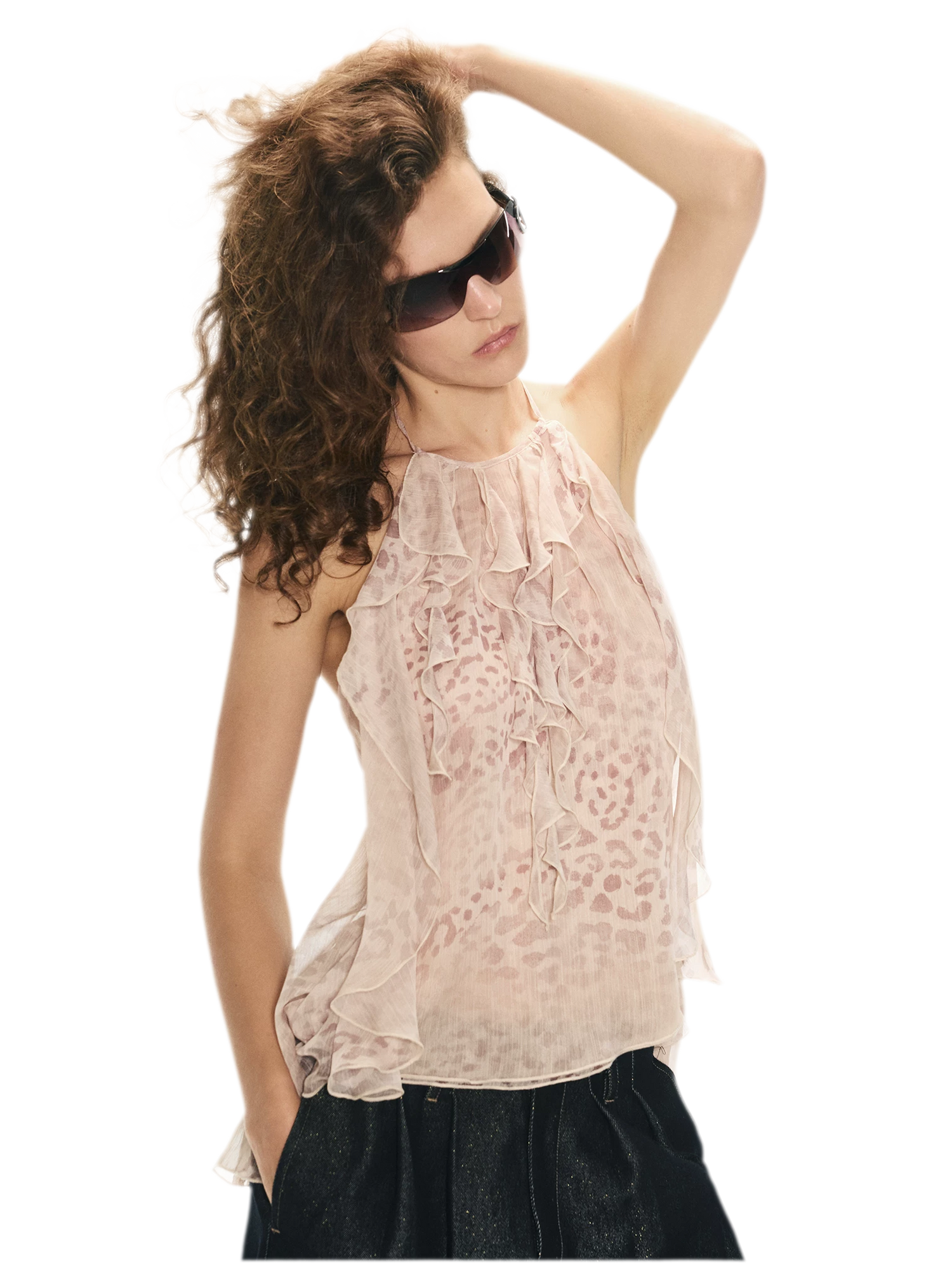 Off-Shoulder Halter Chiffon Check Print Top