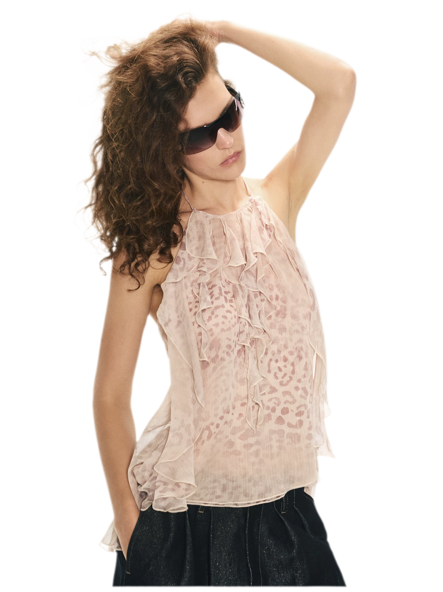 Off-Shoulder Halter Chiffon Check Print Top
