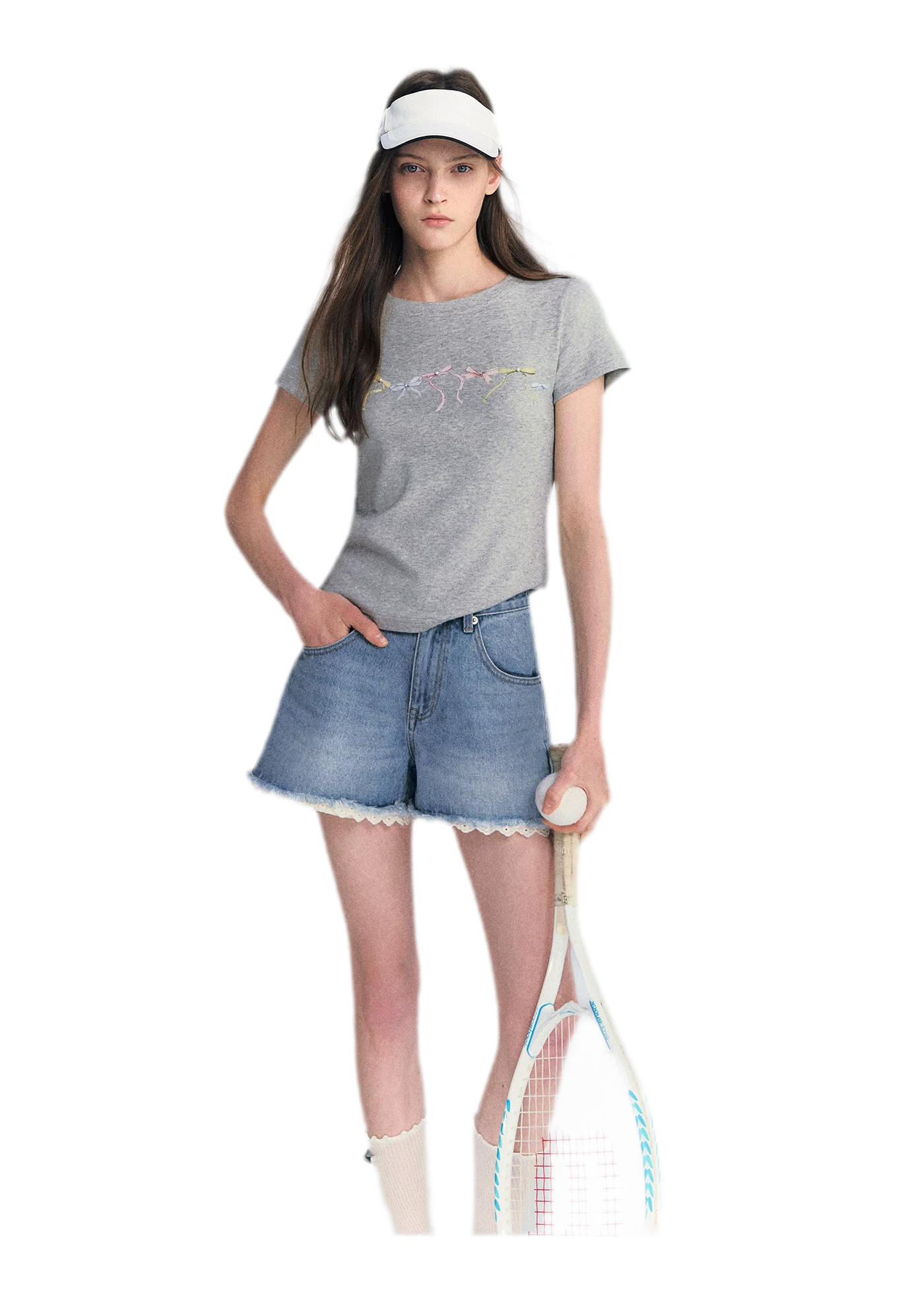 Lace Trim Washed Denim Shorts