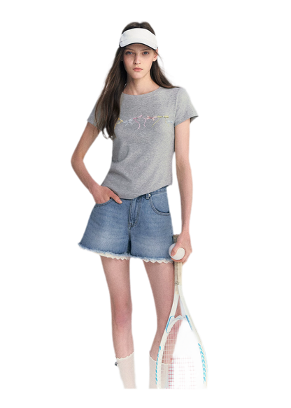 Lace Trim Washed Denim Shorts