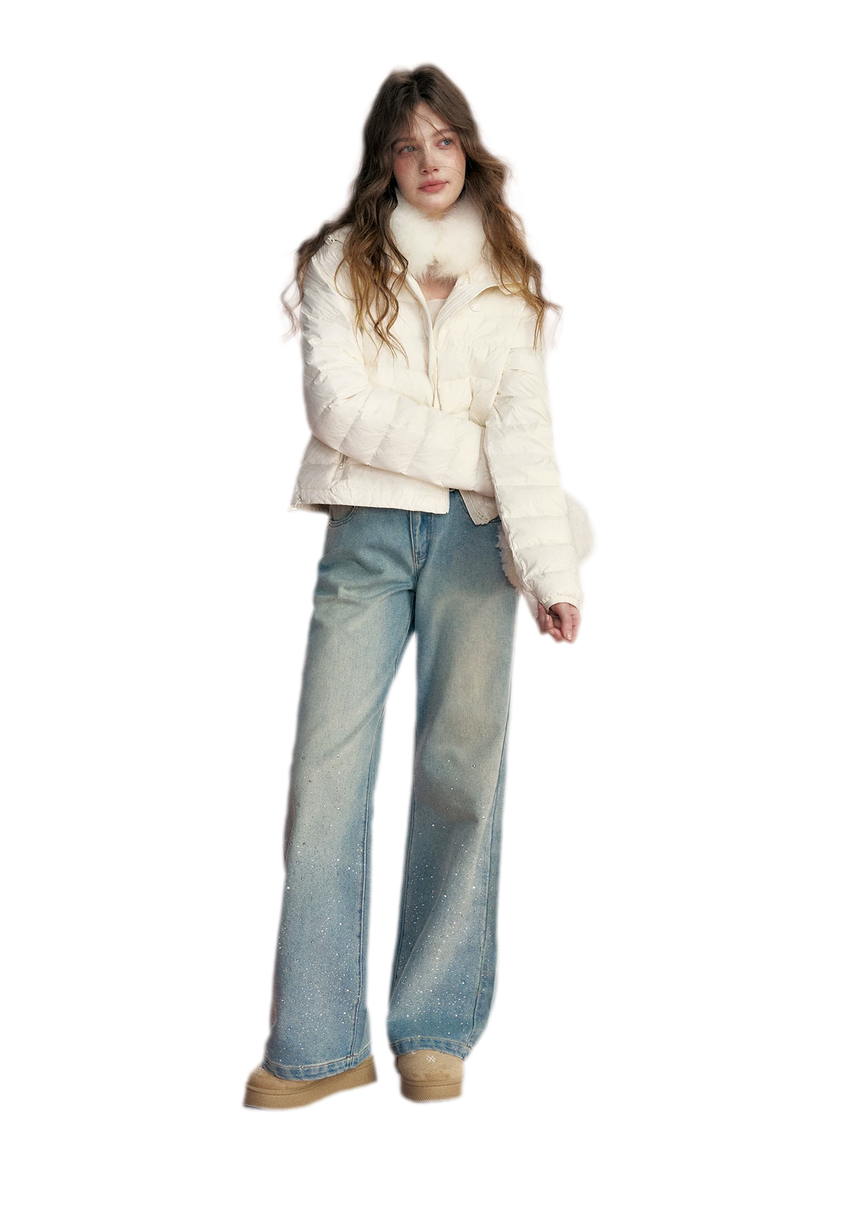 Embellished Fleece-Lined Wide-Leg Jeans