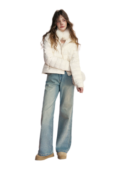 Embellished Fleece-Lined Wide-Leg Jeans