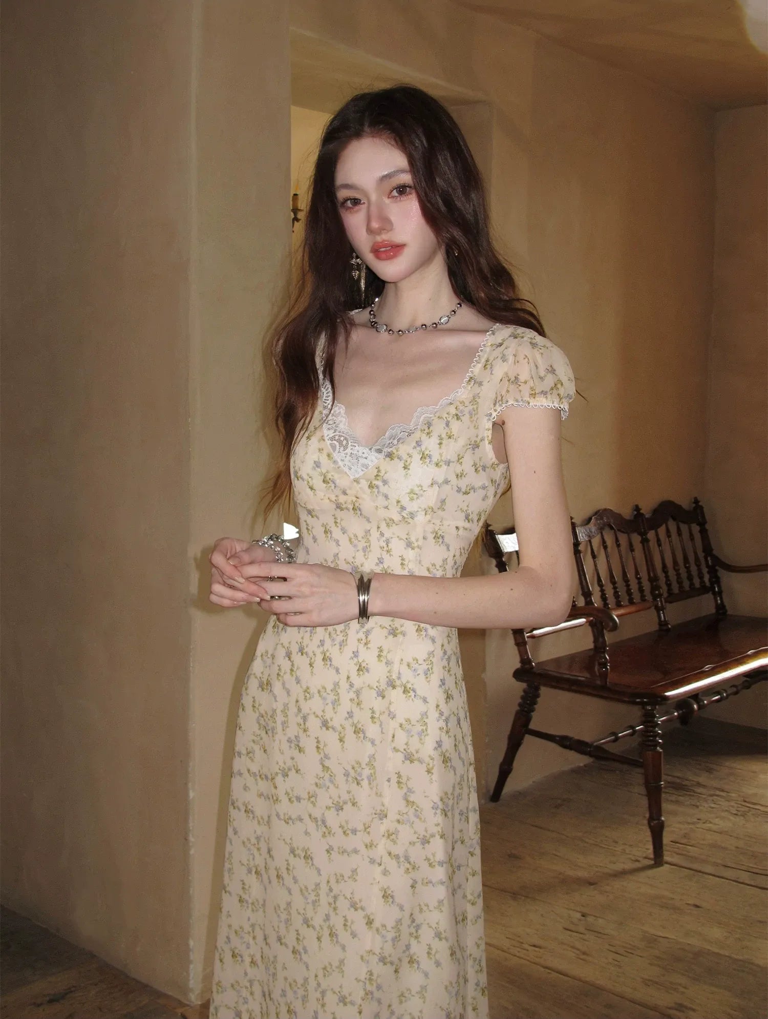 Lace V-Neck Long Dress