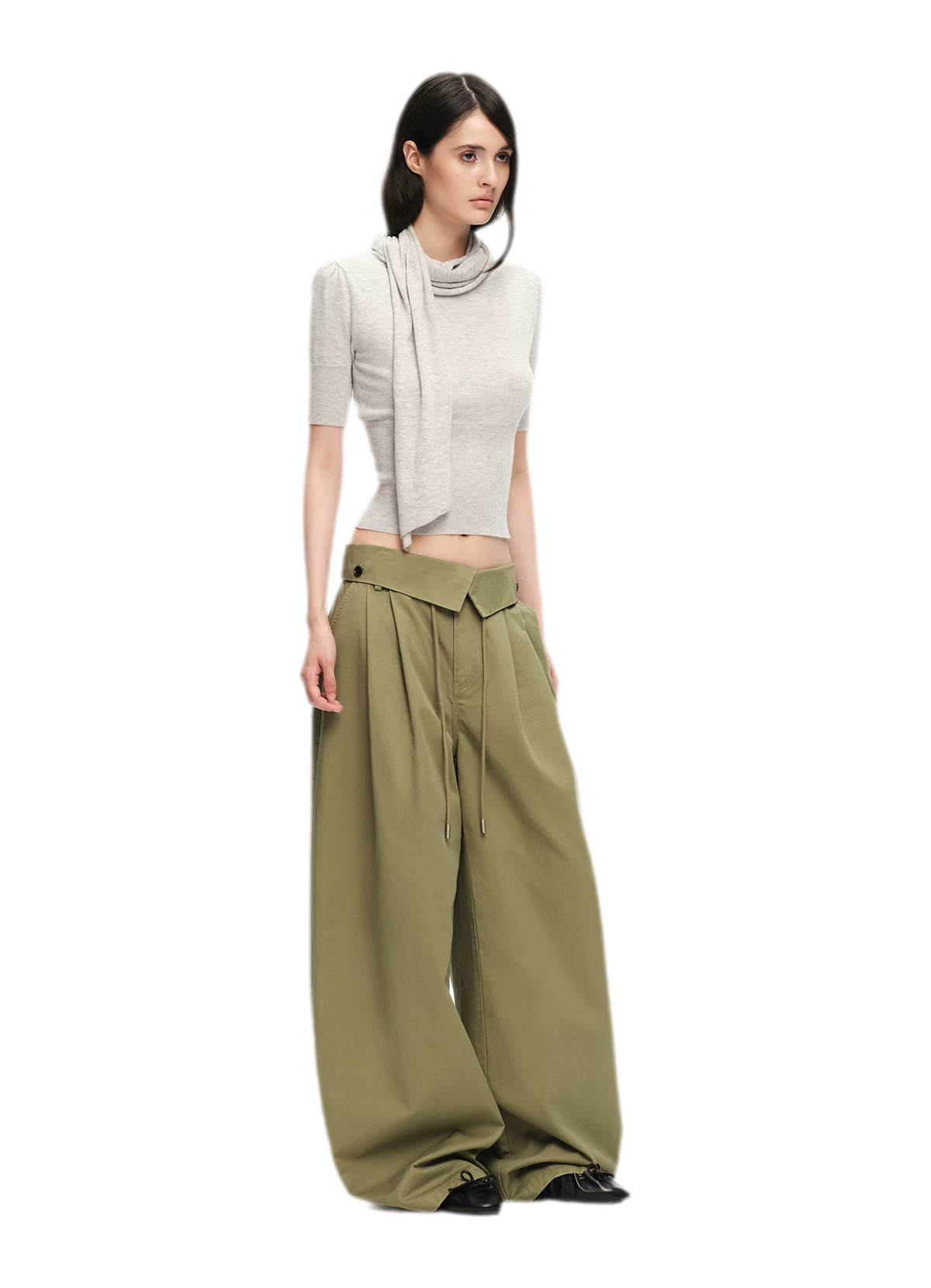 Washed Cross-Waistband Wide-Leg Pants