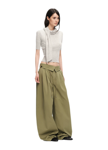 Washed Cross-Waistband Wide-Leg Pants