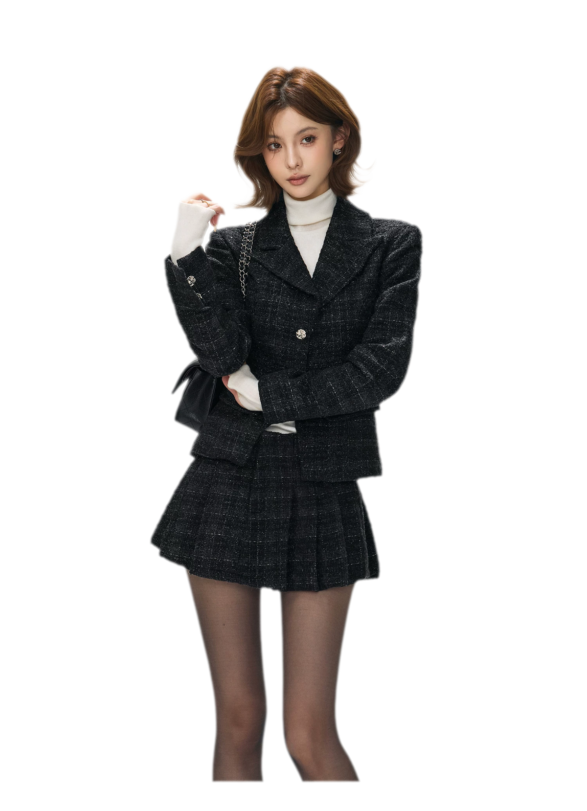 Tweed Jacket Pleated Skirt Set