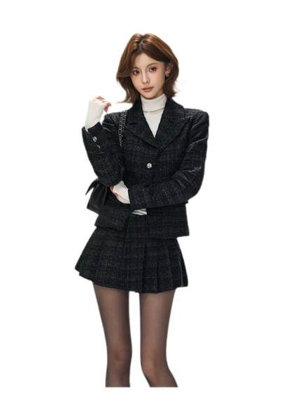 Tweed Jacket Pleated Skirt Set