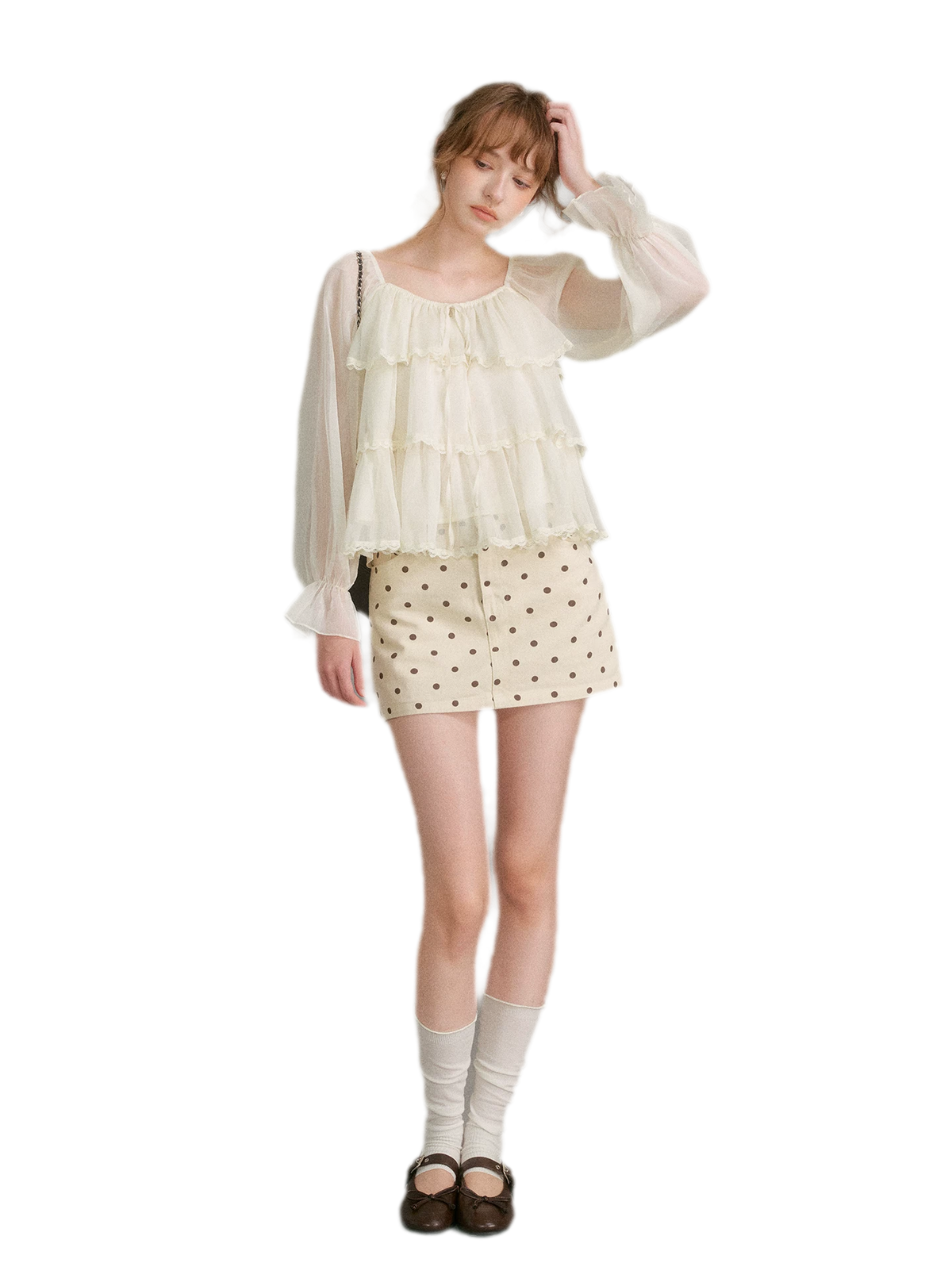 Chiffon Ruffle Lantern Sleeve Blouse
