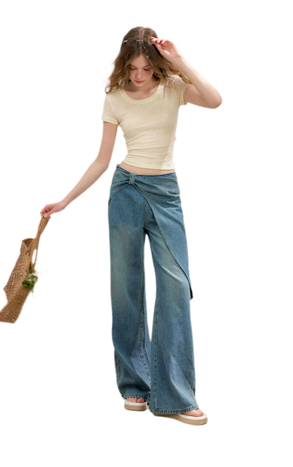 Soft Cotton Wide-Leg Jeans with Bow Detail