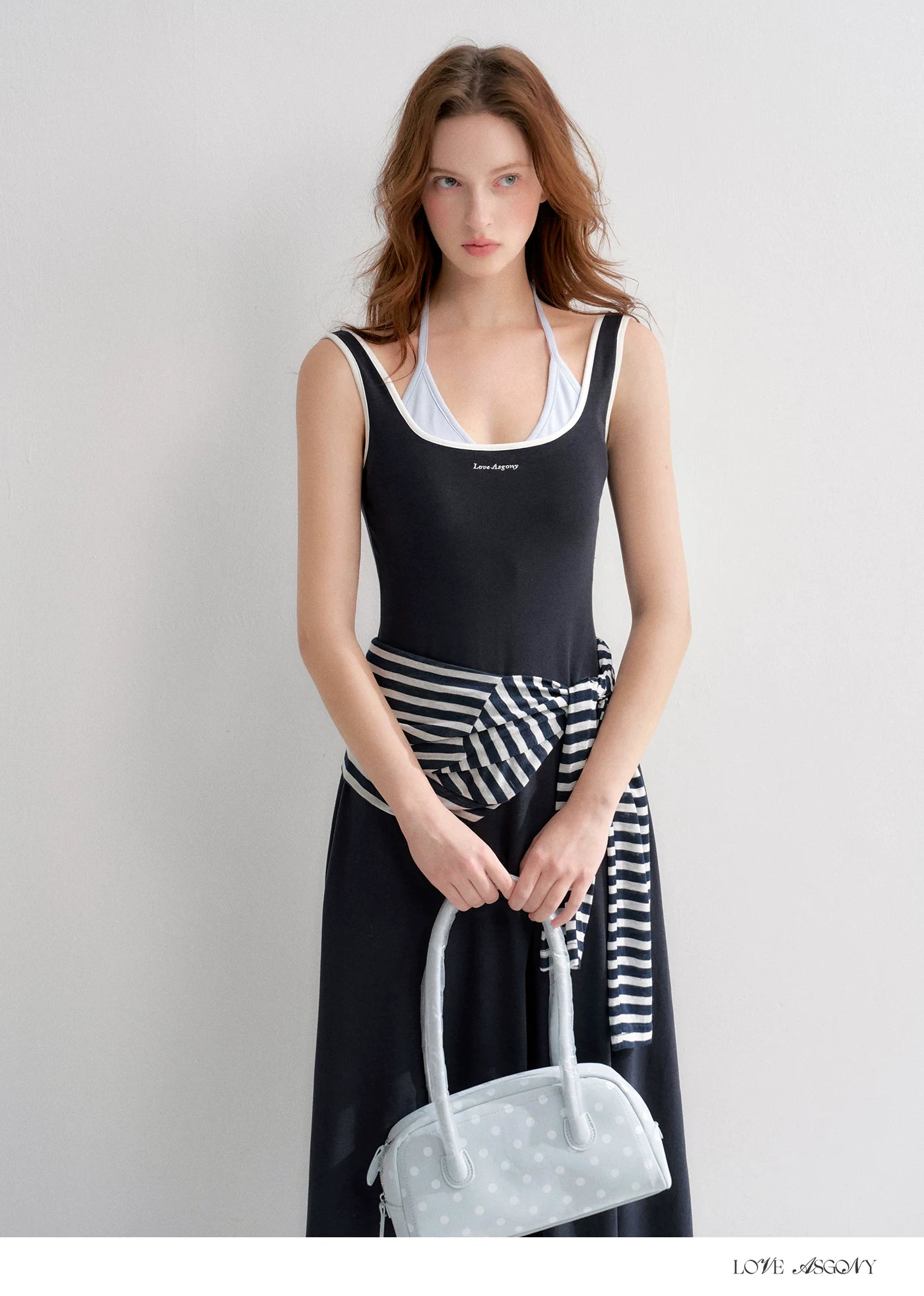 Contrast Color U-Neck Halter Knit Long Dress