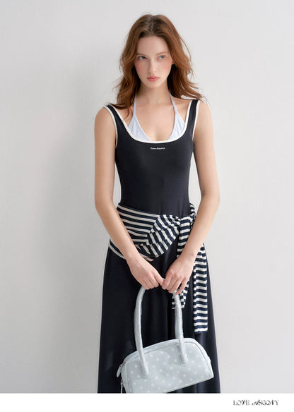 Contrast Color U-Neck Halter Knit Long Dress