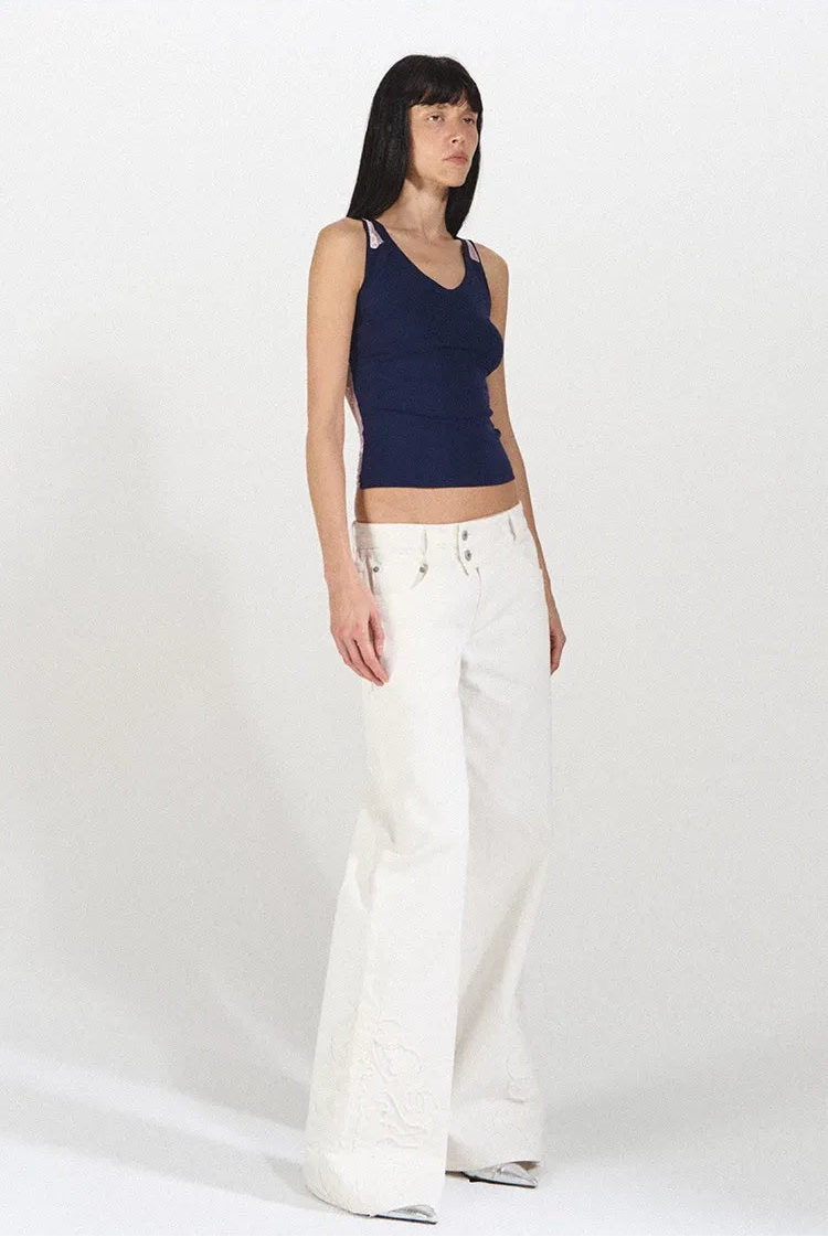 Lace Panel Slim Fit Striped Shoulder Vest Top