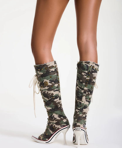 Studded Canvas Knee-High Boots