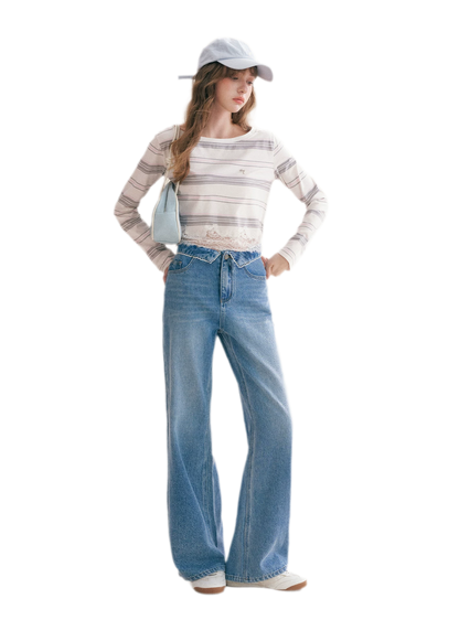 Cotton Lace-Trim Wide-Leg Jeans