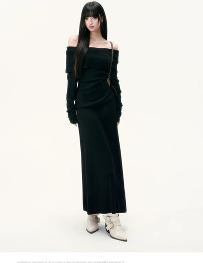 Wool Blend Off-Shoulder Skirt Set