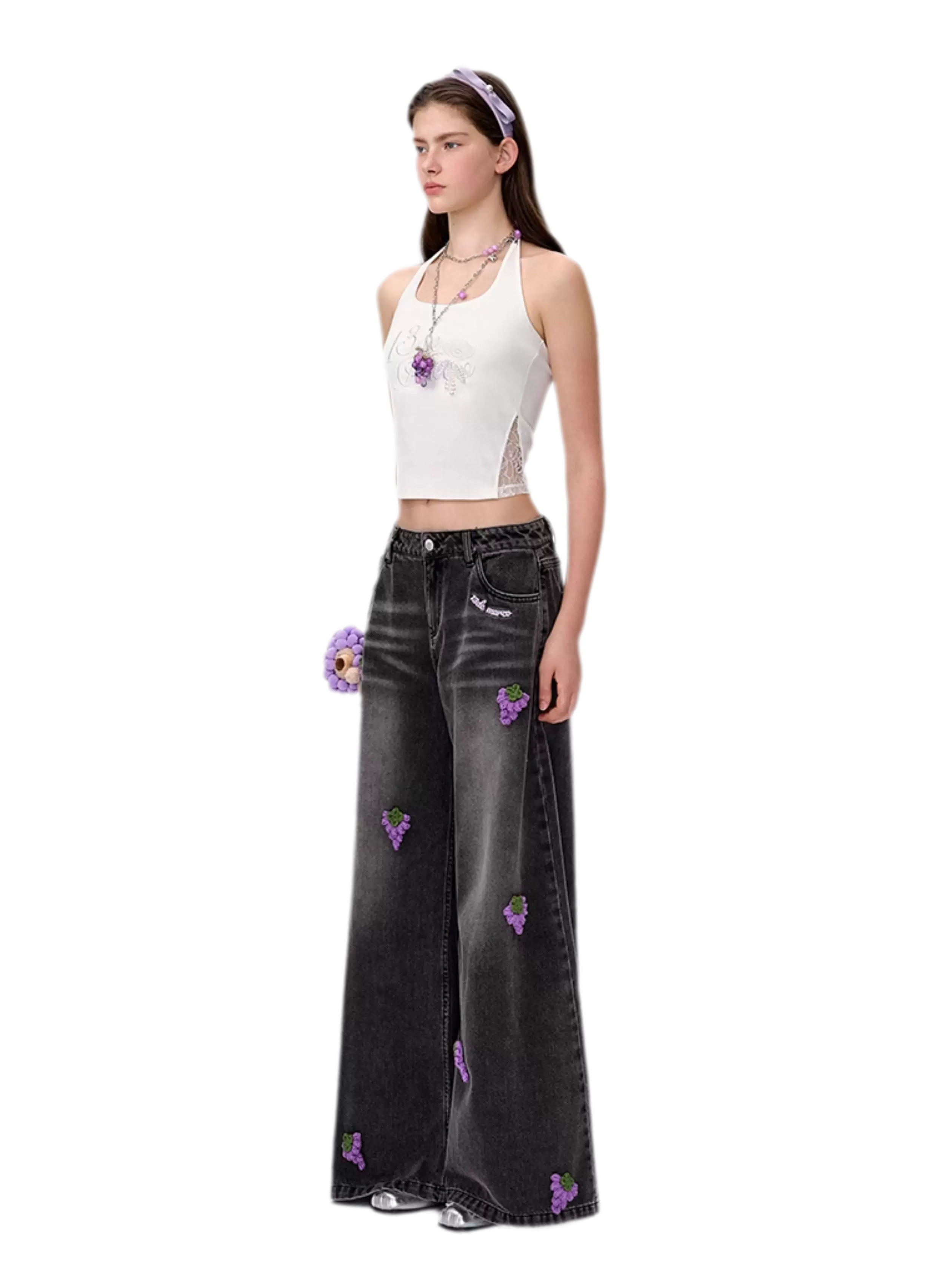 Fruit Embroidered Wide-Leg Pants